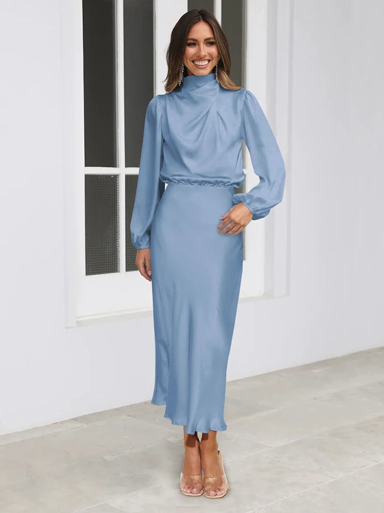 Spring Summer New High-End Satin Long Sleeved Dress Women's Ladylike Elegant Evening Dress Party Clothes Celebrity Dresses