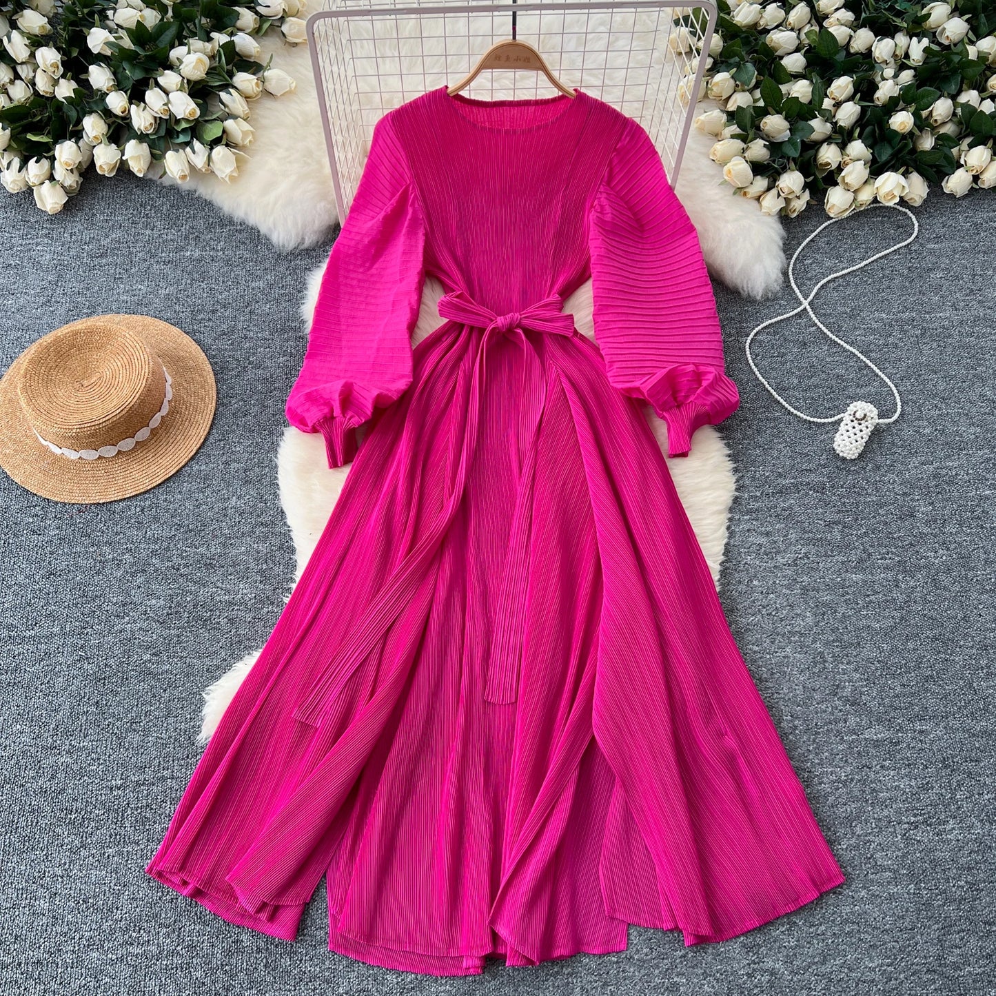Vintage Elegant Lantern Sleeve Sweet Pleated Dress Women Basics Fashion Summer Spring Dresse