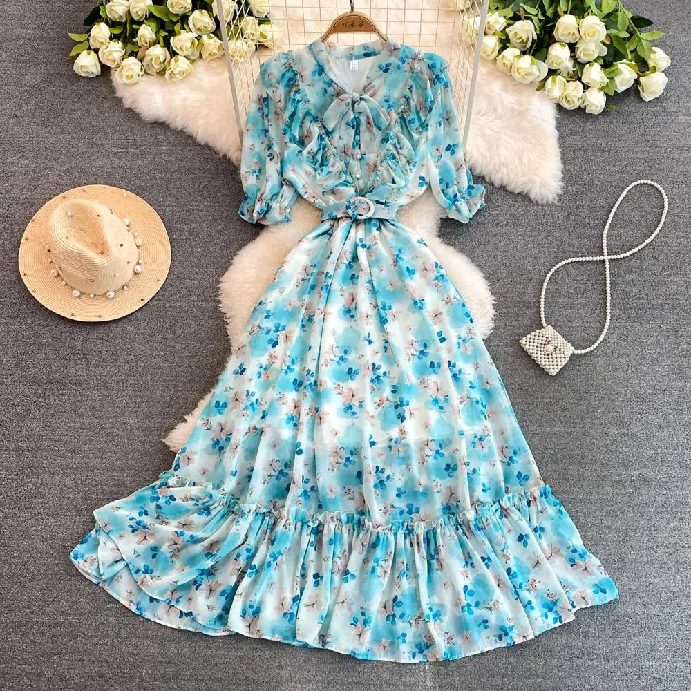 Summer Women Fashion Floral Print Casual Midi Dress Short Sleeve A-Line Maxi Boho Holiday Clothes Female Long Robe Mujers New