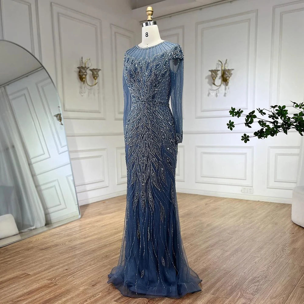 Serene Hill Muslim Blue Mermaid Luxury Beaded Dubai Long Evening Dresses Gowns for Women Wedding Party 2024 LA71999L