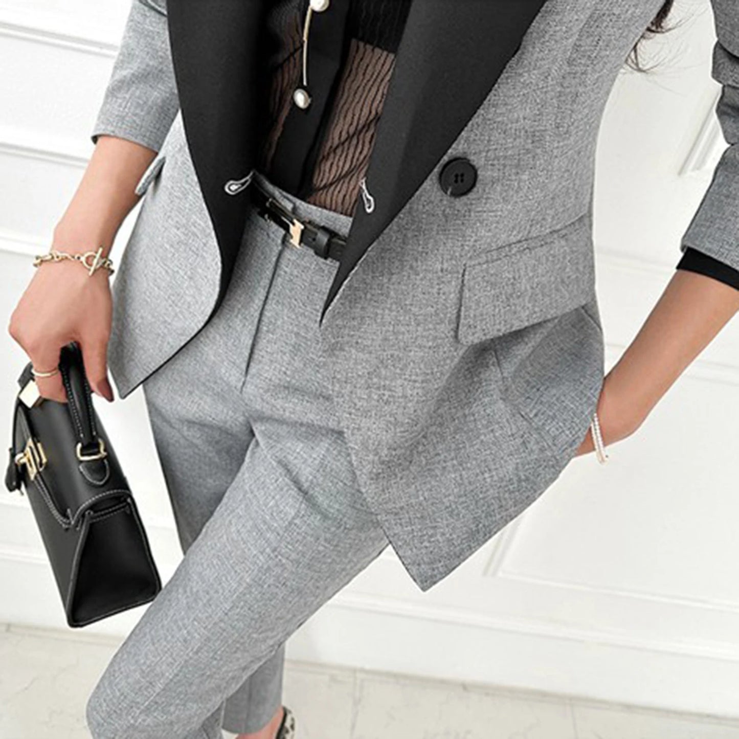 Trendy Slim Fit Commuting Two Pieces Set Office Women's Formal Outfit Double Breasted Work Blazer+Suit Pants Spring Autumn New
