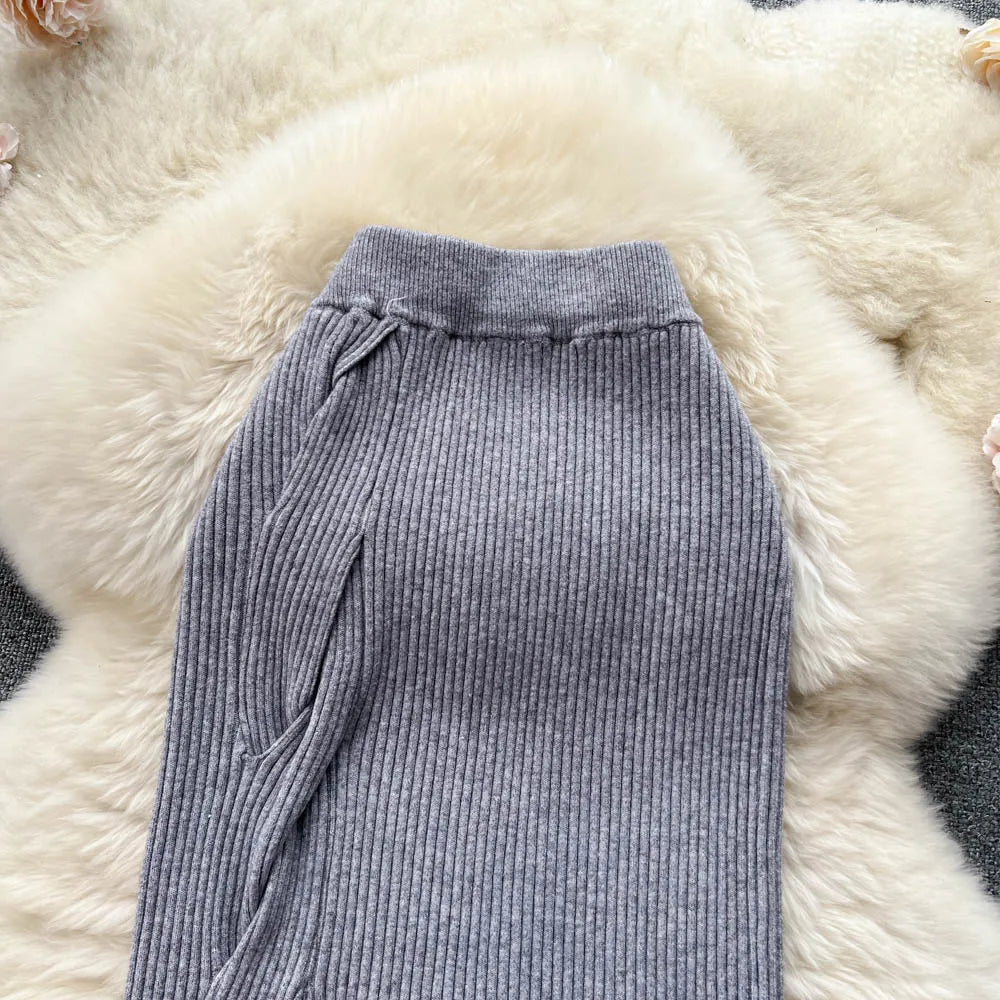 Women Elegant Chic Split Sexy Skirt Elastic Knit High Waist Fashion Vintage Pencil Skirt Black White Spring Autumn Clothing