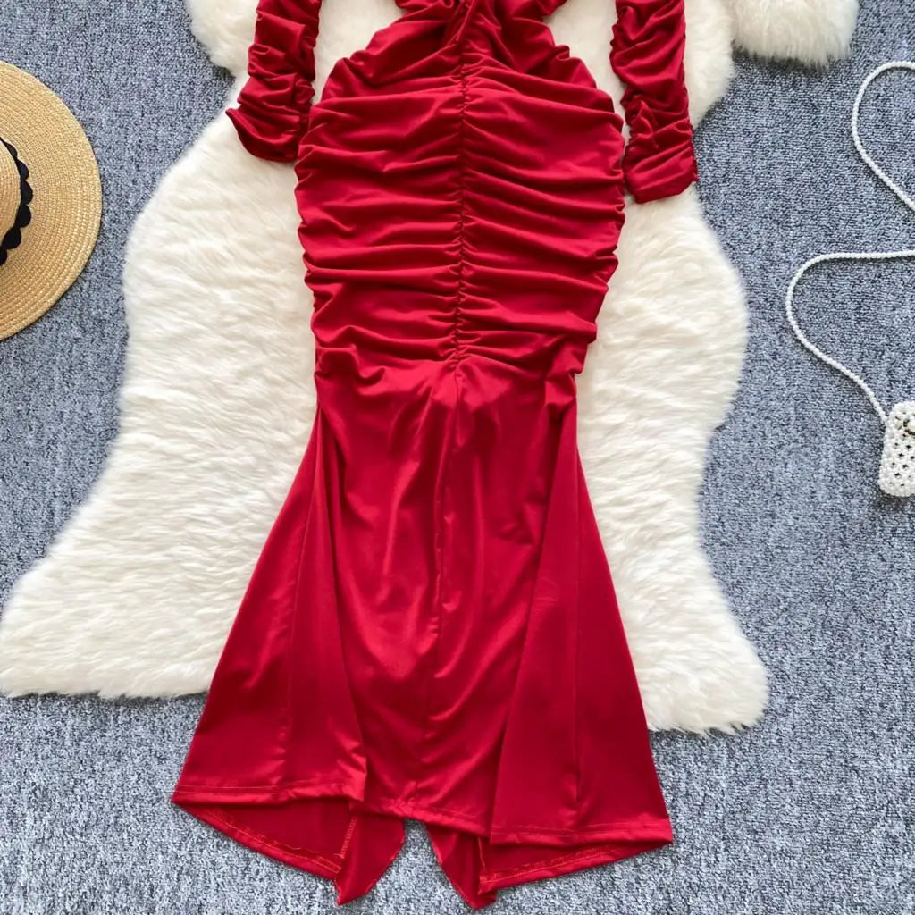 Sexy Elegant and Chic Women Pleated Mermaid Dress Strapless Bodycon Slim Evening Party Christmas Dresses Female Clothes Mujers