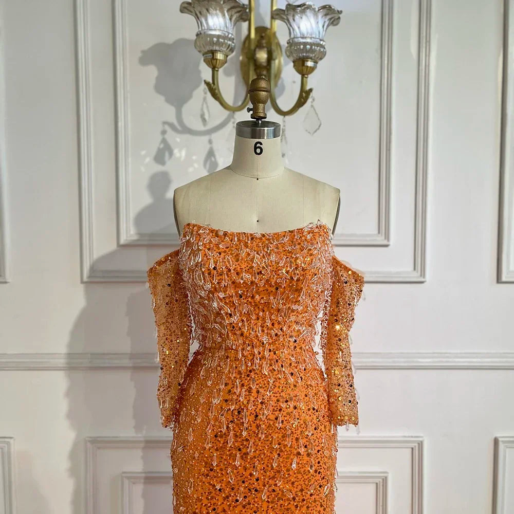 Serene Hill Arabia Orange Mermaid Strapless Luxury Beaded Crystal Evening Dresses Gowns for Women Wedding Party 2024 GLA72402