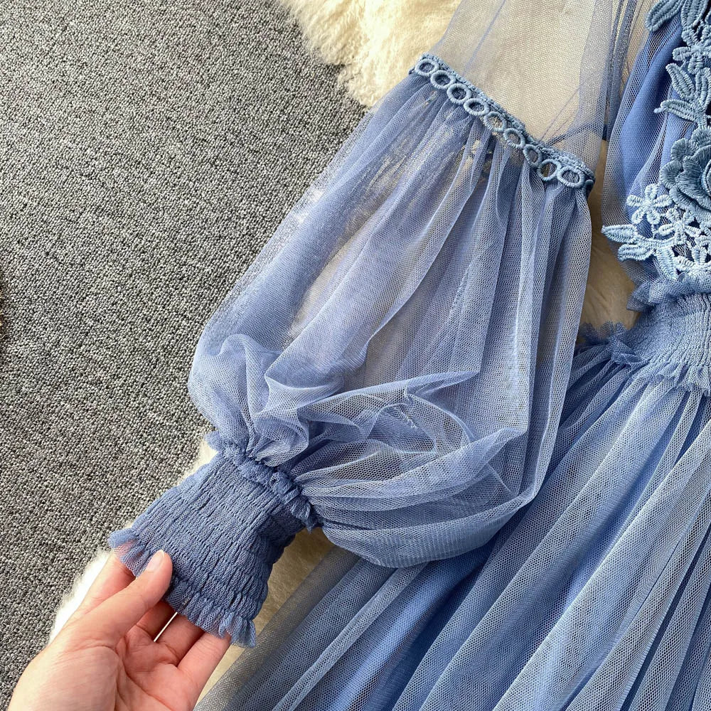 Retro Elegant Mesh Pleated two pieces Dress sets Sexy Fairy puff sleeve Summer Casual Vestidos Slim Women Evening Party Dress