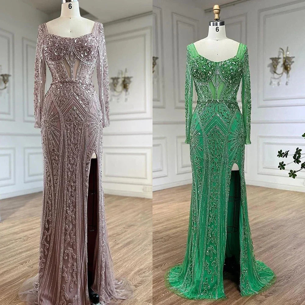 Serene Hill 2024 Women Wedding Parties Dubai Arabia Luxury Beaded Evening Dresses Gowns Green Elegant Split Mermaid LA72518