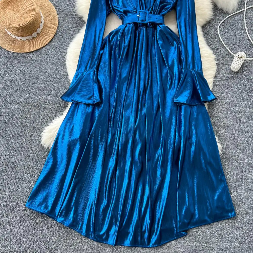 Autumn Vintage Pleated Women Long Dress Elegant Stand Collar Solid A-Line Party Prom Vestidos Female Birthday Clothes Mujers