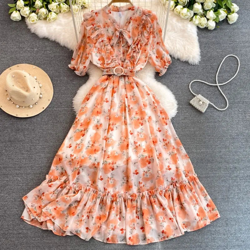 Summer Women Fashion Floral Print Casual Midi Dress Short Sleeve A-Line Maxi Boho Holiday Clothes Female Long Robe Mujers New