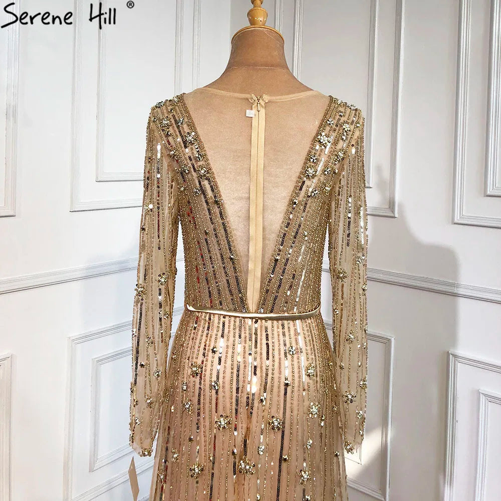 Serene Hill Muslim Gold A-Line Luxury Evening Dresses Gowns 2022 Sparkle Beaded Long Sleeves Sexy For Women Party GLA70674