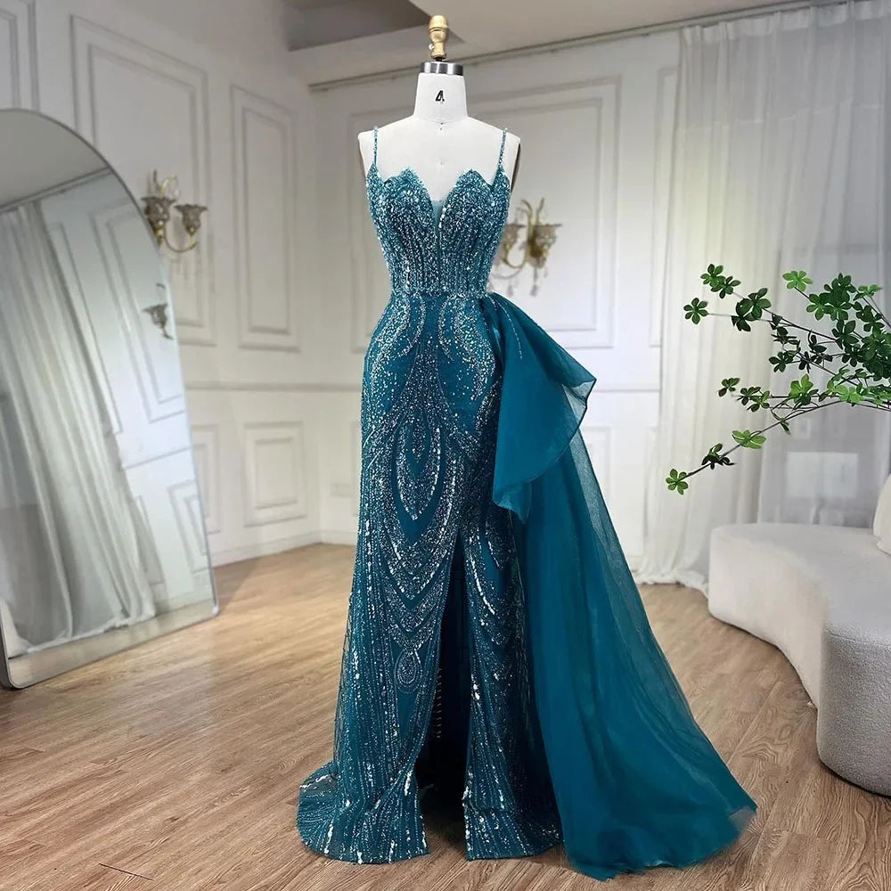 SERENE HILL 2024 Turquoise Spaghetti Strap Luxury Beaded Evening Dresses Mermaid Elegant Overskirt Gown For Women Party GLA72378