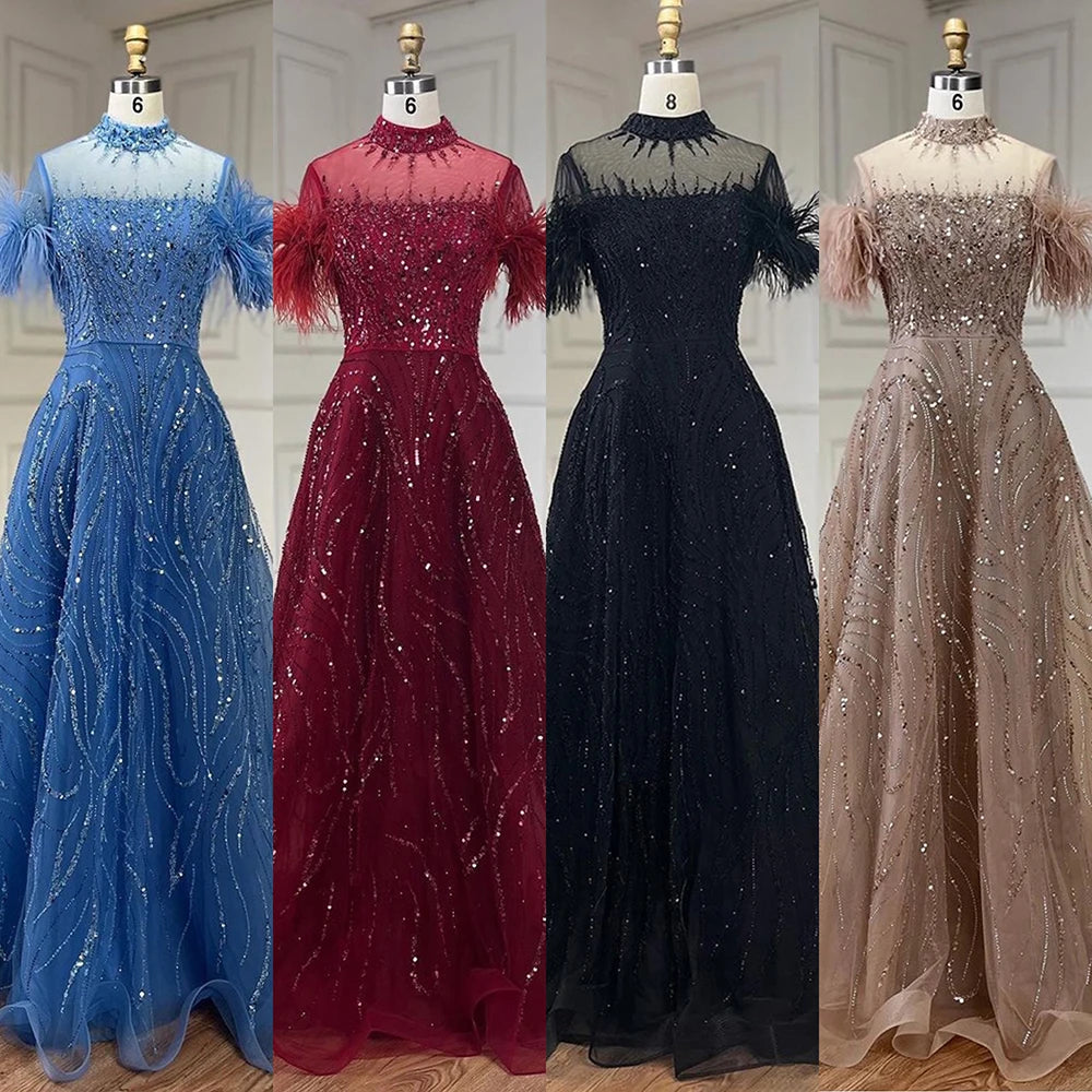 Serene Hill 2024 Arabic blue A Line Short Sleeveless Luxury Evening Dresses Beaded Feathers For Women Wedding Party LA72351
