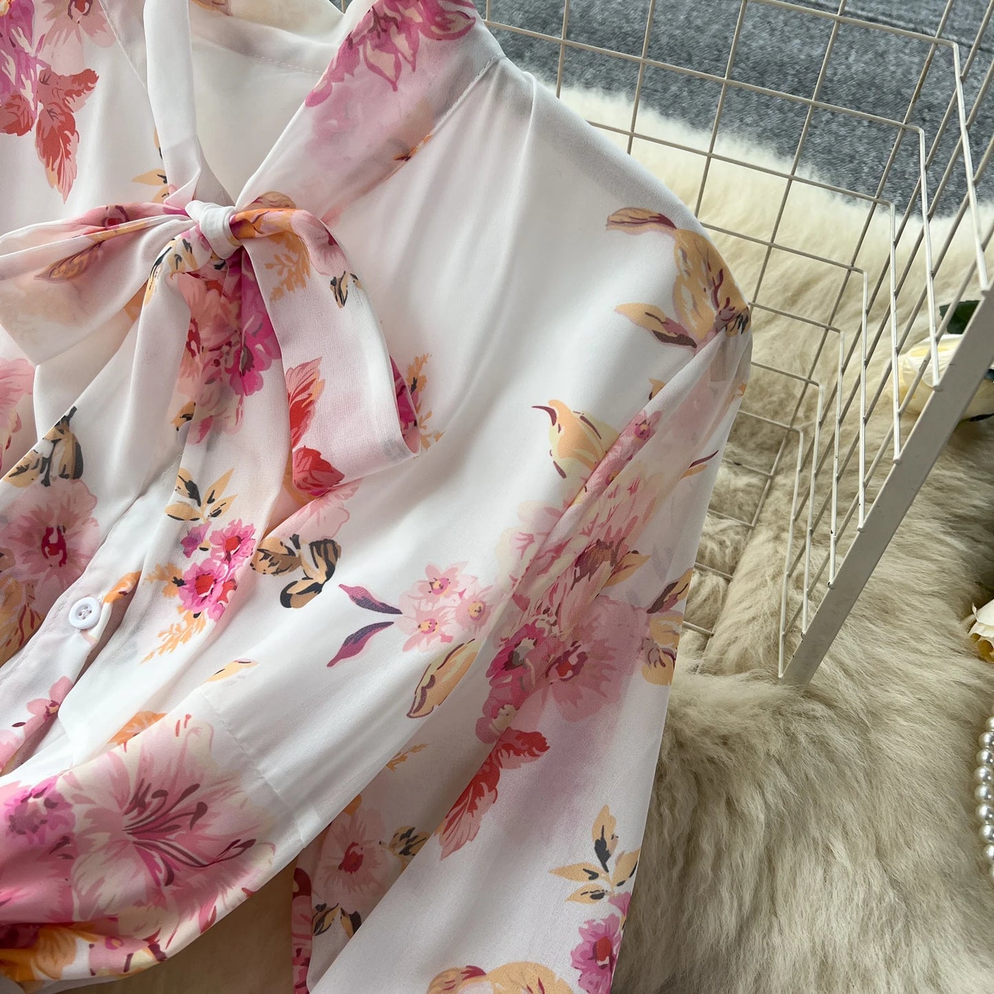 French Vintage Ruffle Lace-up Bow Puff Sleeves Long Sleeves Dress korean fashion Casual Women Fashion summer dresses
