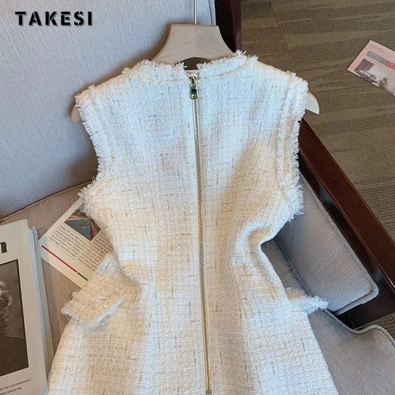 French Style Women Elegant Sleeveless V-neck Solid Color Dresses 2024 Summer Luxury Slim Fit Double Breasted Camisole Dress