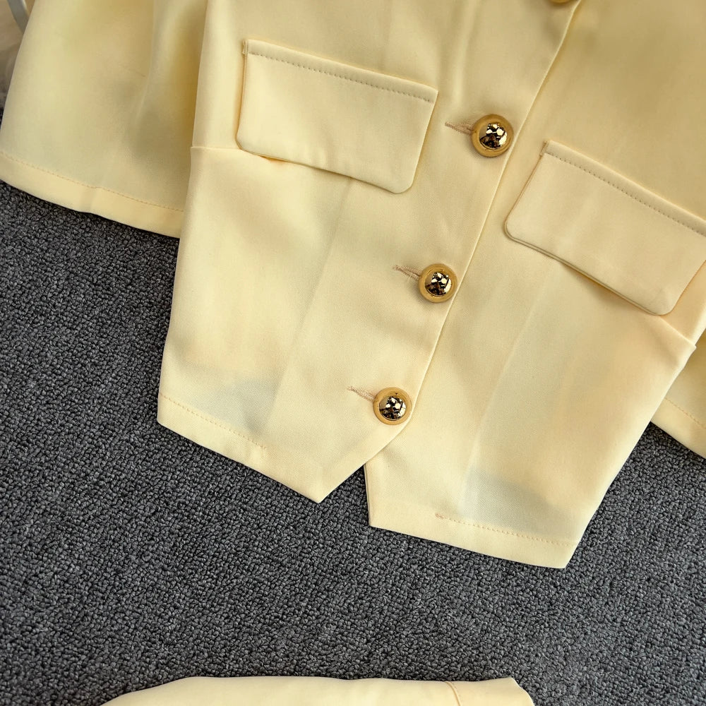 Chic Two Pieces Sets Sexy Single Breasted puff sleeve sweet blouse with Fashion basics A-line Skirt Vacation Sets