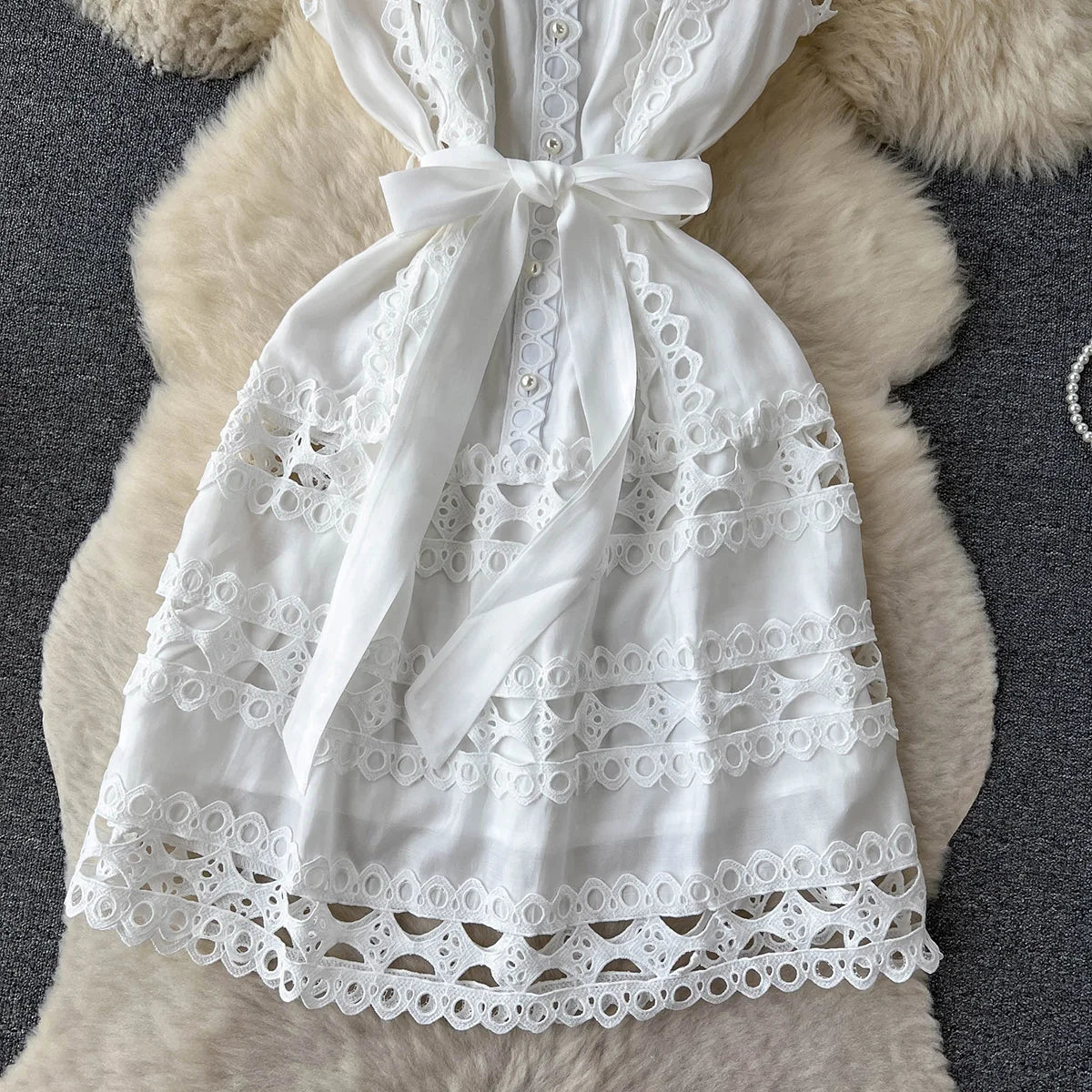Summer Clothes Dresses For Women 2023 Elegant Vintage Embroidery Lace Dress Sleeveless Stand Neck Button Up Mini Dress With Belt