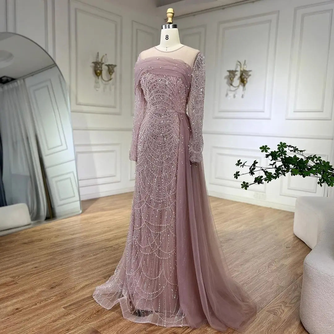SERENE HILL 2024 Dubai Arabic Nude Mermaid Luxury Beaded Evening Dresses Gowns With Overskirt For Women Wedding Party GLA72254A