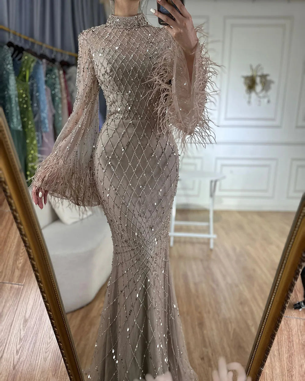 Serene Hill 2024 Saudi Caramel Illusion Cut Out Lace Beaded Feathers Mermaid Evening Dresses Gowns for Formal Occasion LA72394A