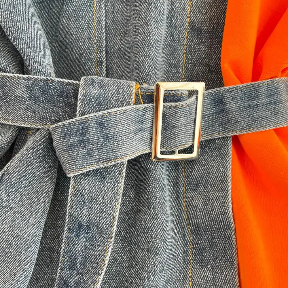 Women Summer Casual T Shirt Short Sleeve Streetwear Patchwork Denim Long Shirts Female O-neck Slim Jeans Tops