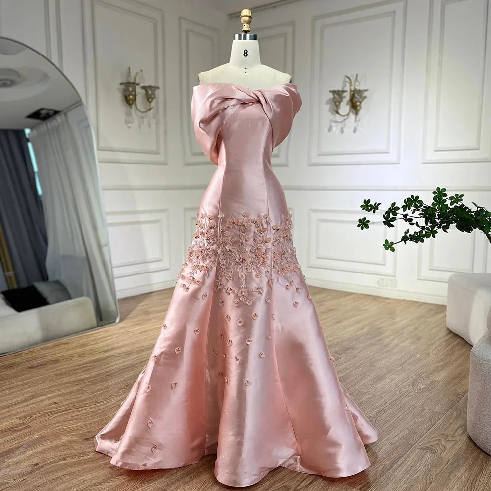 Serene Hill 2024 Luxury Saudi Arabia Off Shoulder Mermaid Peach Satin Luxury Women Evening Dress For Formal Occasions GLA72483