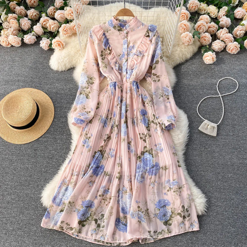 Retro Floral Print Pleated Elegant Chiffon Maxi Dress A-line Fashion Beach Vacation Party Dress Women Summer Spring Vestidos