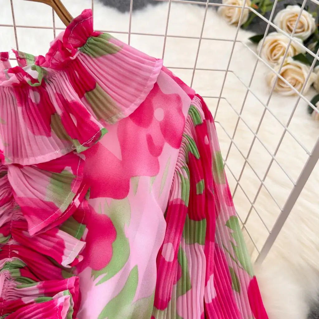 Summer Vintage Casual A-Line Floral Print Women Dress Elegant Chic Pleated Party Prom Vestidos with Belted Female Long Robe