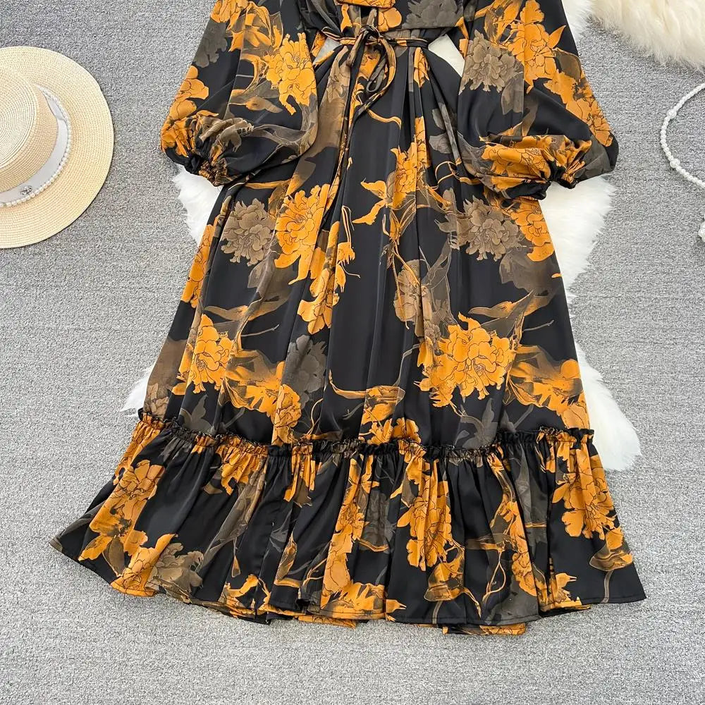Elegant Casual A-Line Vintage Ruffle Print Long Dress Autumn Lantern Sleeve Party Boho Dresses Beach Holiday Female Vestidos