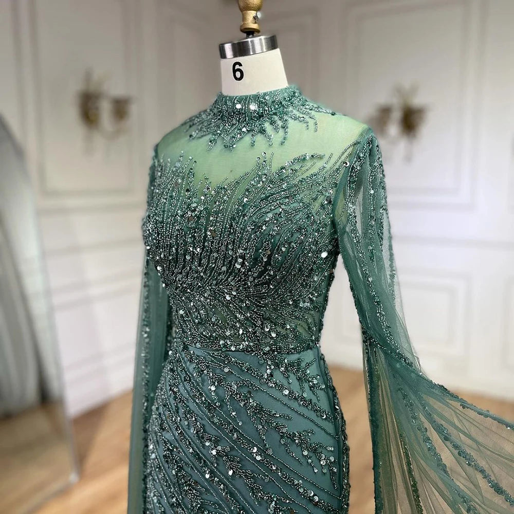 Serene Hill 2024 Nude Cape Sleeves Mermaid Lace Beaded Luxury Dubai Long Evening Dresses Gowns for Women Wedding Party BLA71885A
