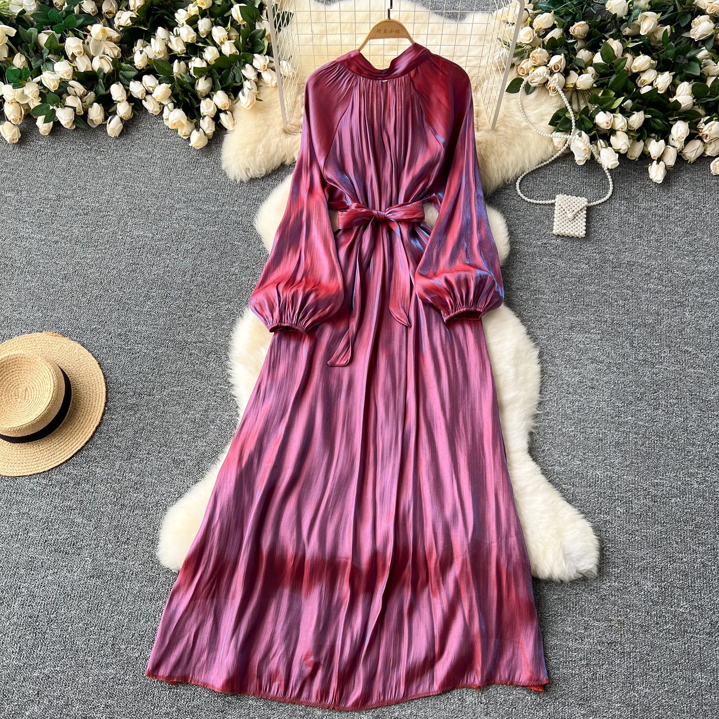 French Vintage Pleated lool sleeve print Lace-up Bow sweet Dress Casual Women Fashion summer dresses