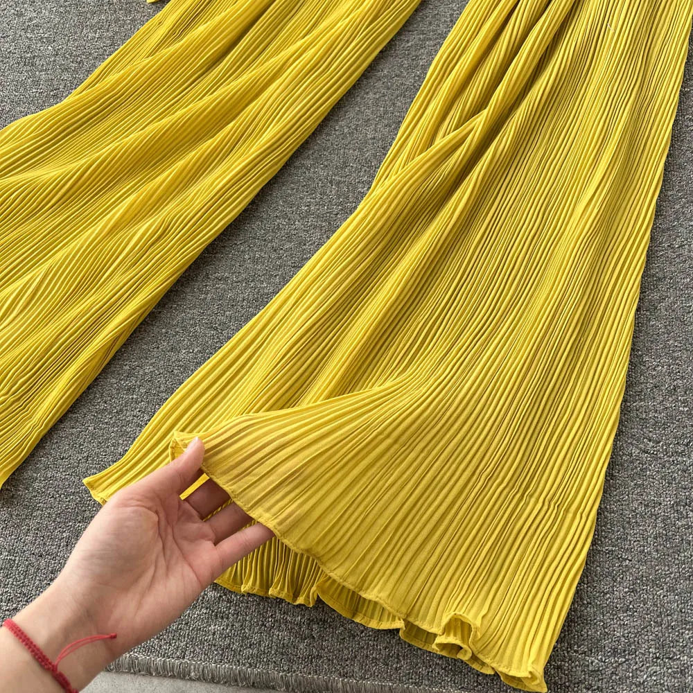 Clothland Stylish Yellow Blouse Set Two Piece Set Irregular Shirt Long Pants Pleated Women Chic Spring Suits TZ234