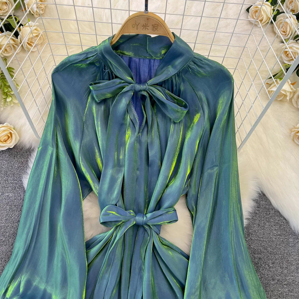Autumn Elegant Women Fashion Party Long Dress Bow Lace Up Long Sleeve Evening Dresses A-Line Casual Vestidos One Piece Prom Robe