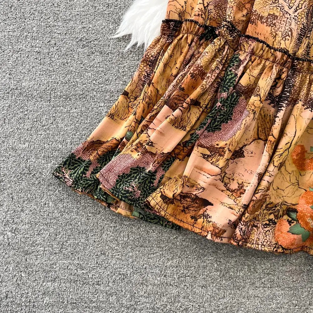 Elegant Casual A-Line Vintage Ruffle Print Long Dress Autumn Lantern Sleeve Party Boho Dresses Beach Holiday Female Vestidos