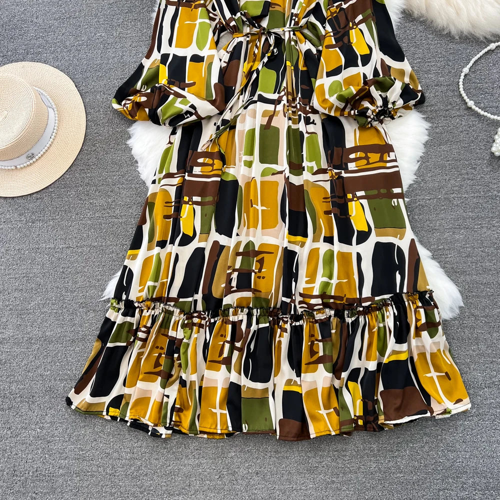 Elegant Casual A-Line Vintage Ruffle Print Long Dress Autumn Lantern Sleeve Party Boho Dresses Beach Holiday Female Vestidos