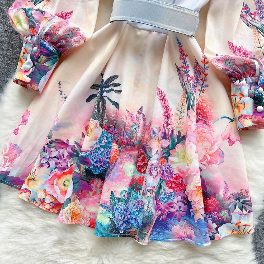 Chic Print Ruffle Elegant Puff Sleeve Dress A-line Casual Belt Beach Vacation Mini Dress Women Fashion Summer Spring Vestidos