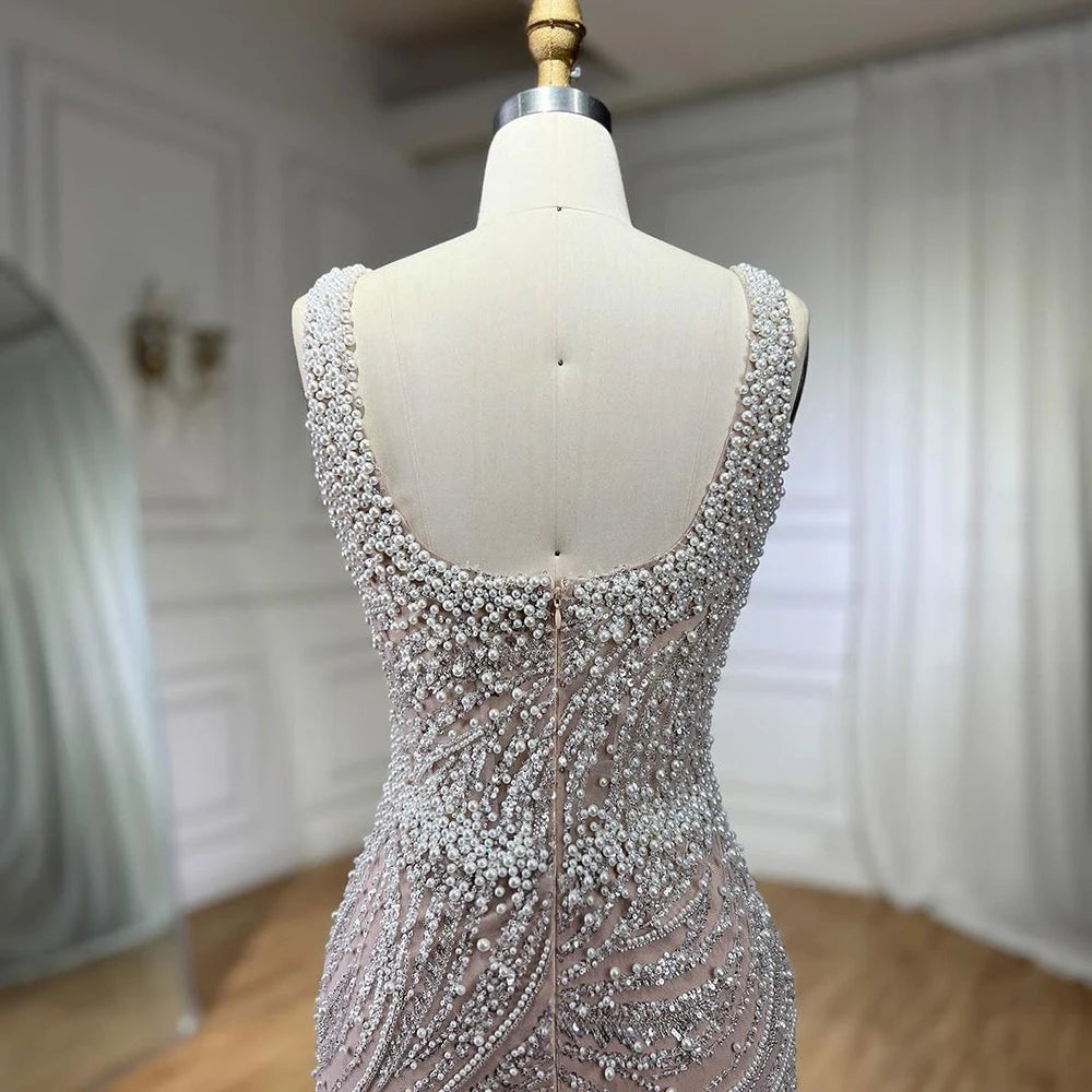 SERENE HILL 2024 White Nude Spaghetti Strap Mermaid Beaded Evening Dresses Luxury Pearls Gowns For Women Wedding Party GLA72266