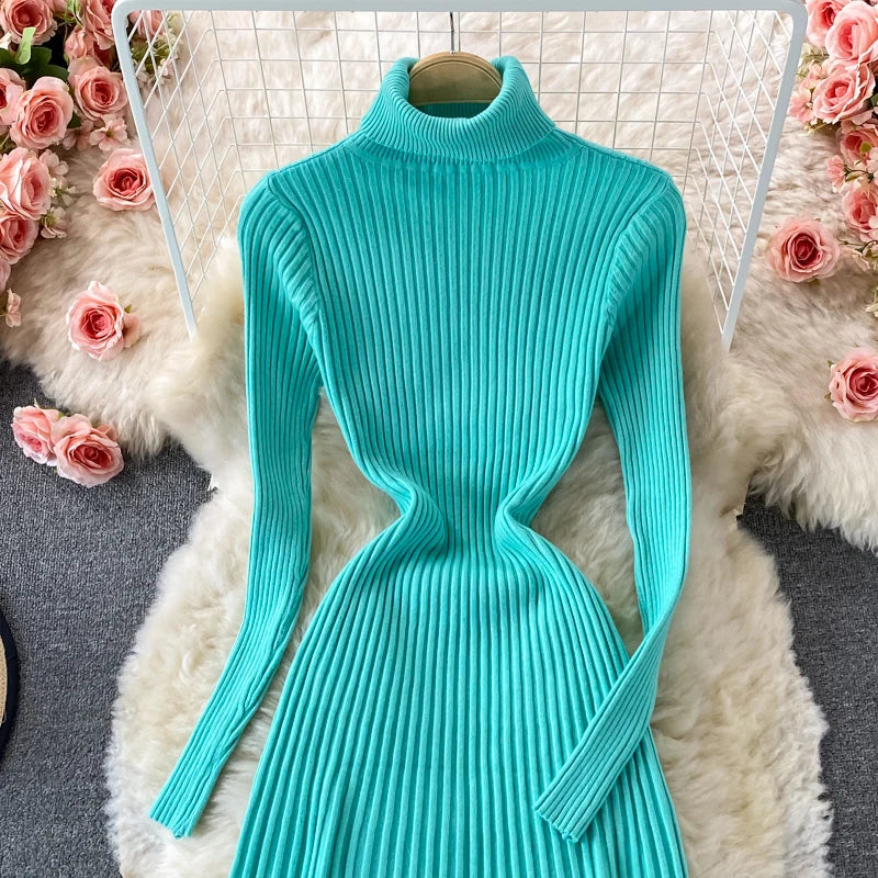 Women Chic Turtleneck Long Sleeve Sexy A-line Sweater Dress Vintage Korean Fashion Knit Vestido Elegant Autumn Winter Knitwear