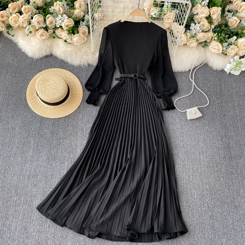 Chic Pleated Elegant Puff Sleeve Dress A-line Chiffon High Waist Belt Beach Vacation Party Dress Women Summer Spring Vestidos