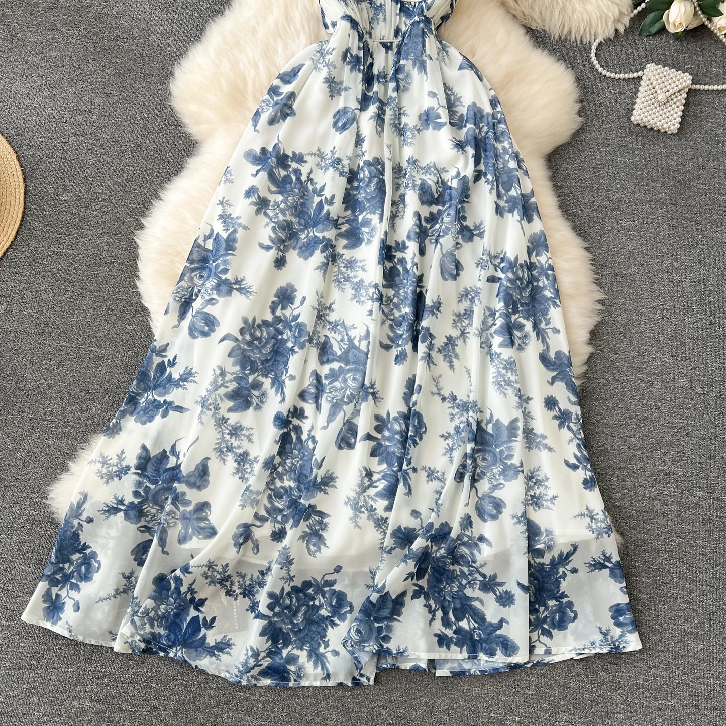 French Blue Printing Beach Long Dress Women Retro Floral Elegant Party Dresses Ladies Slim A-line Sleeveless Chiffon Long Robe