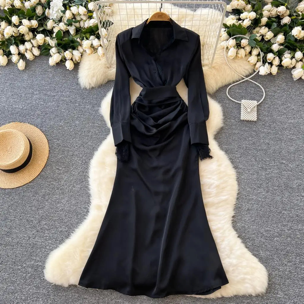 Elegant Solid Satin Midi Dress for Women Autumn Long Sleeve Lace Patchwork Office Work Shirt Dresses Lace-up Slim Waist Vestidos