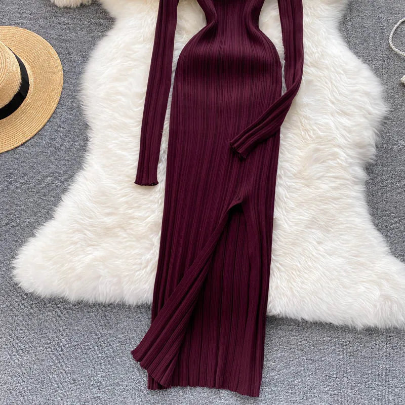 Women Chic Elegant Long Sleeve Split Bodycon Midi Dress Sexy French Fashion Knit Wrap Vestidos Elastic Slim Pencil Sweater Dress