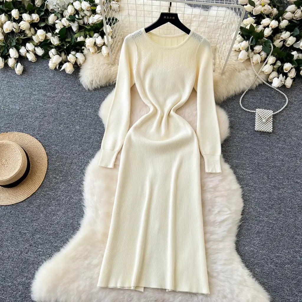 Elegant Solid Knitted Dress for Women Autumn French Vintage O-Neck Long Sleeve Fashion Evening Party Sweater Slim Midi Dresses
