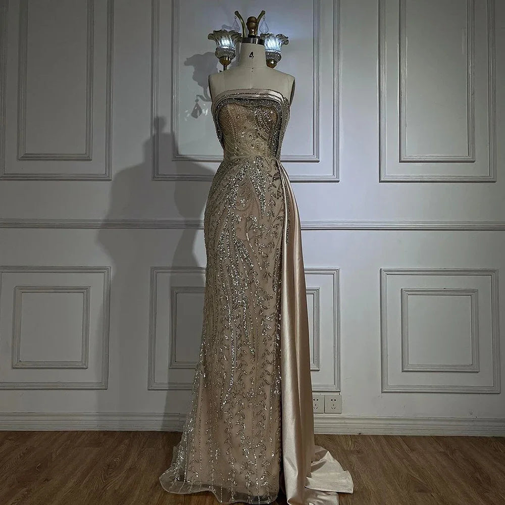 Serene Hill 2024 Arabic Nude Strapless Satin Mermaid Beaded Luxury Dubai Evening Gown with Side Skirt for Women's Party BLA72665