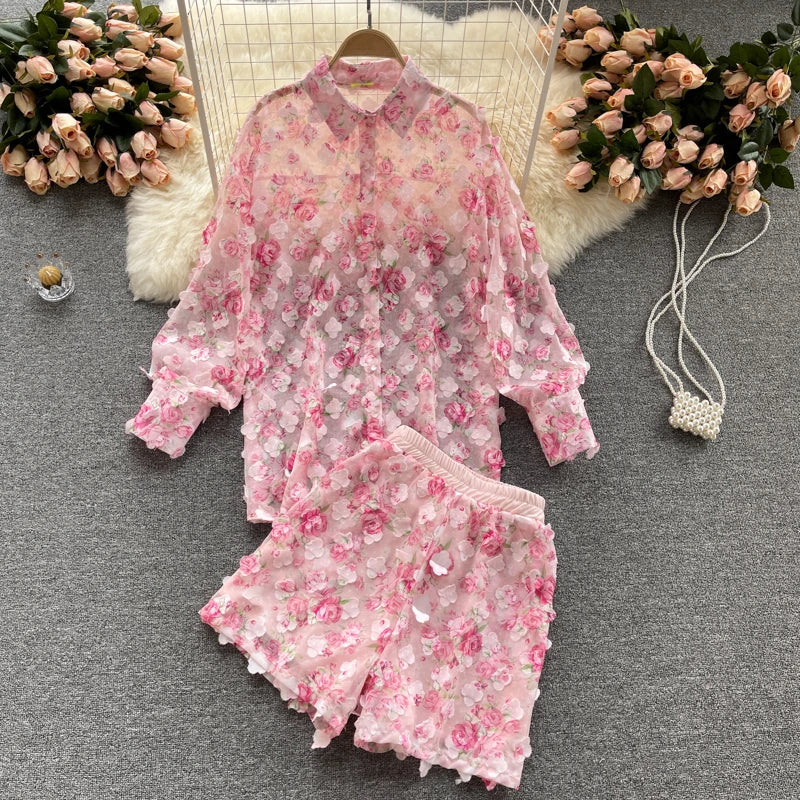 Clothland Sweet Appliqued Floral Blouse Suit Two Piece Pink Set Long Sleeve Shirts Mini Shorts Spring Set TZ228