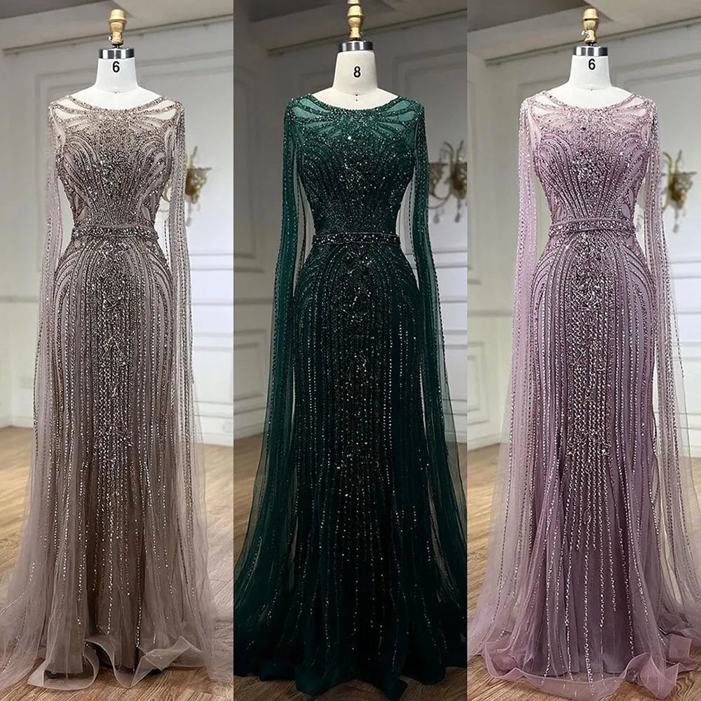 Serene Hill Brown Mermaid Elegant 2024 With Cape Sleeves Beaded Luxury Evening Dresses Gowns For Women Party LA70638