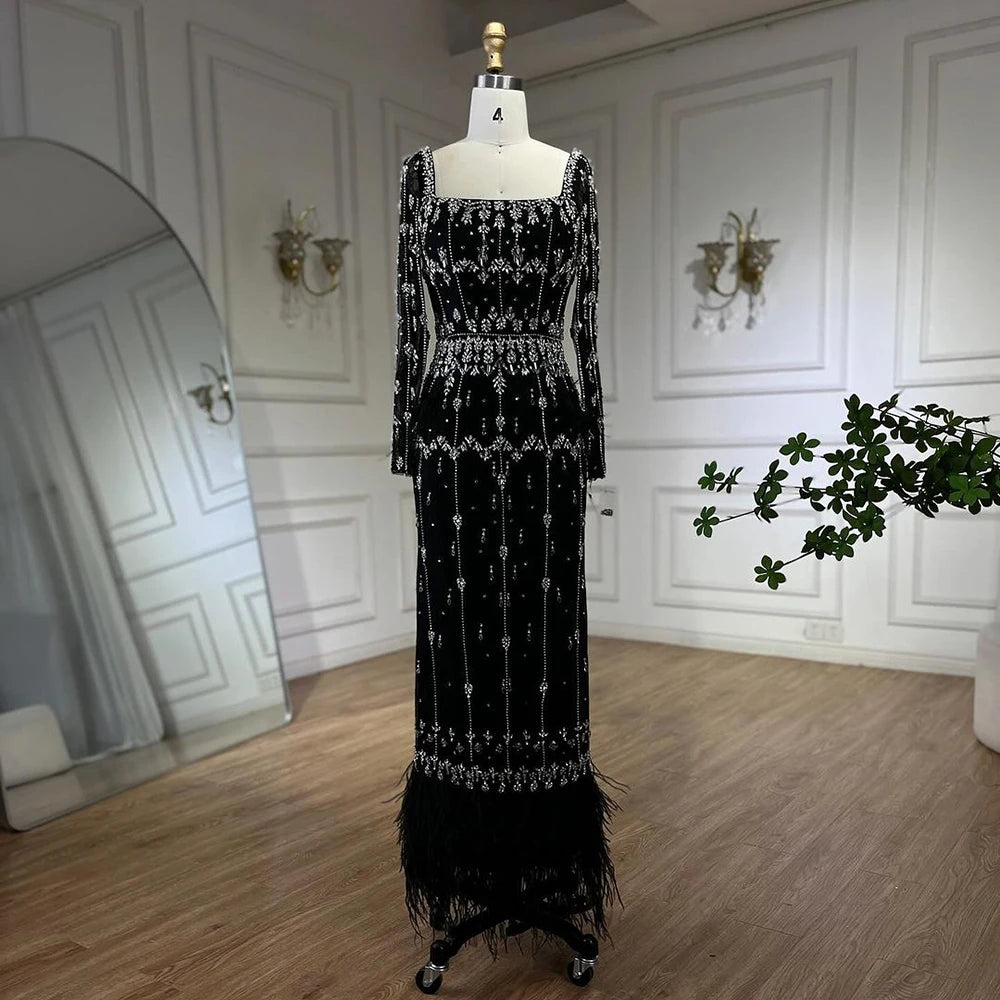 Serene Hill Muslim Turquoise Mermaid Elegant Evening Dresses Gowns 2024 Luxury Beaded Feather For Women Party LA71722
