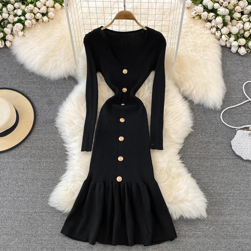 Chic V Neck Long Sleeve Elegant Mermaid Dress Sexy slim Evening Party French Fashion Knit Vestidos High Waist Autumn Slim Robe