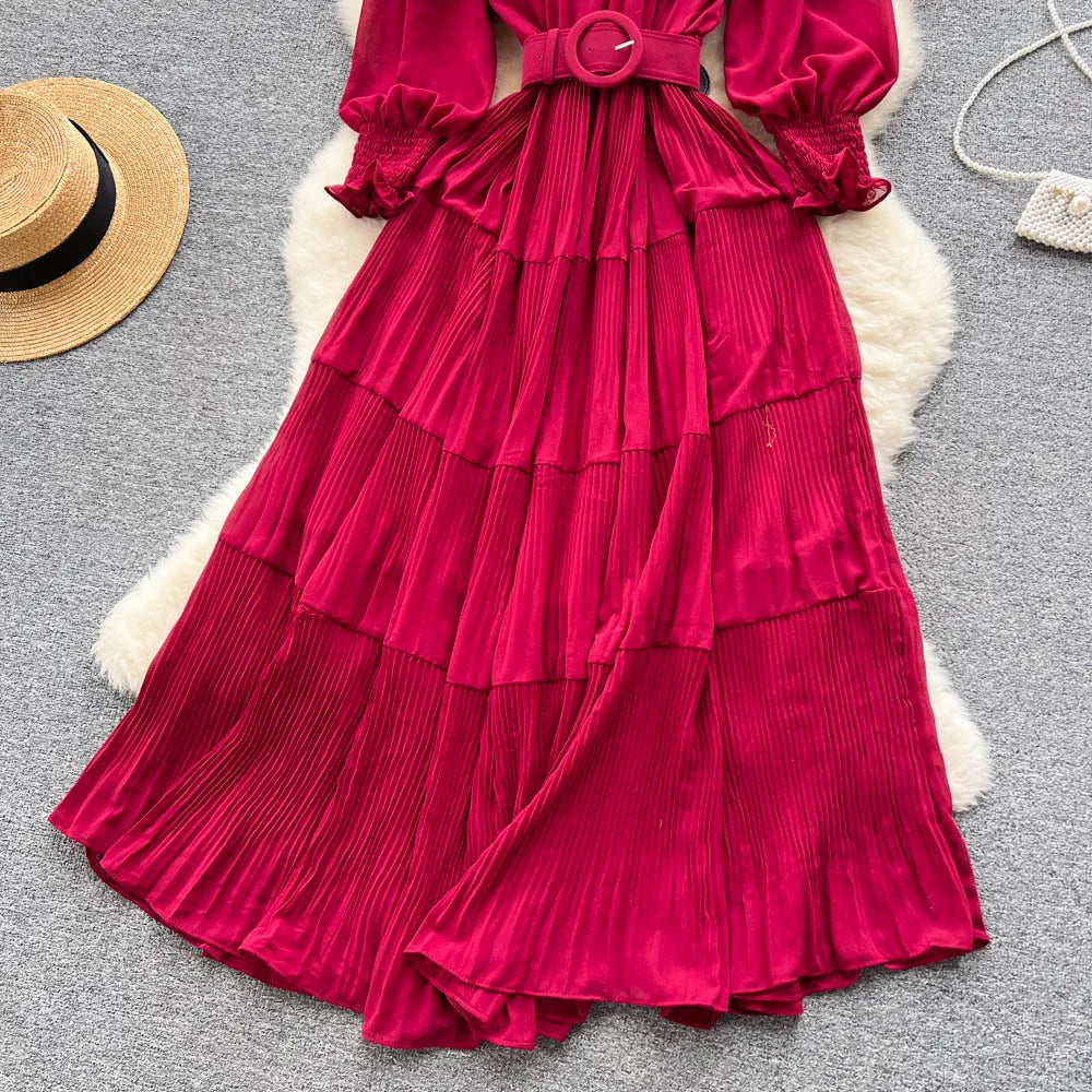 Vintage Pleated Slash Neck Off Shoulder High Waist Dress Long Sleeve Dress Chic Summer Beach Vestidos Women Vacation Sundress