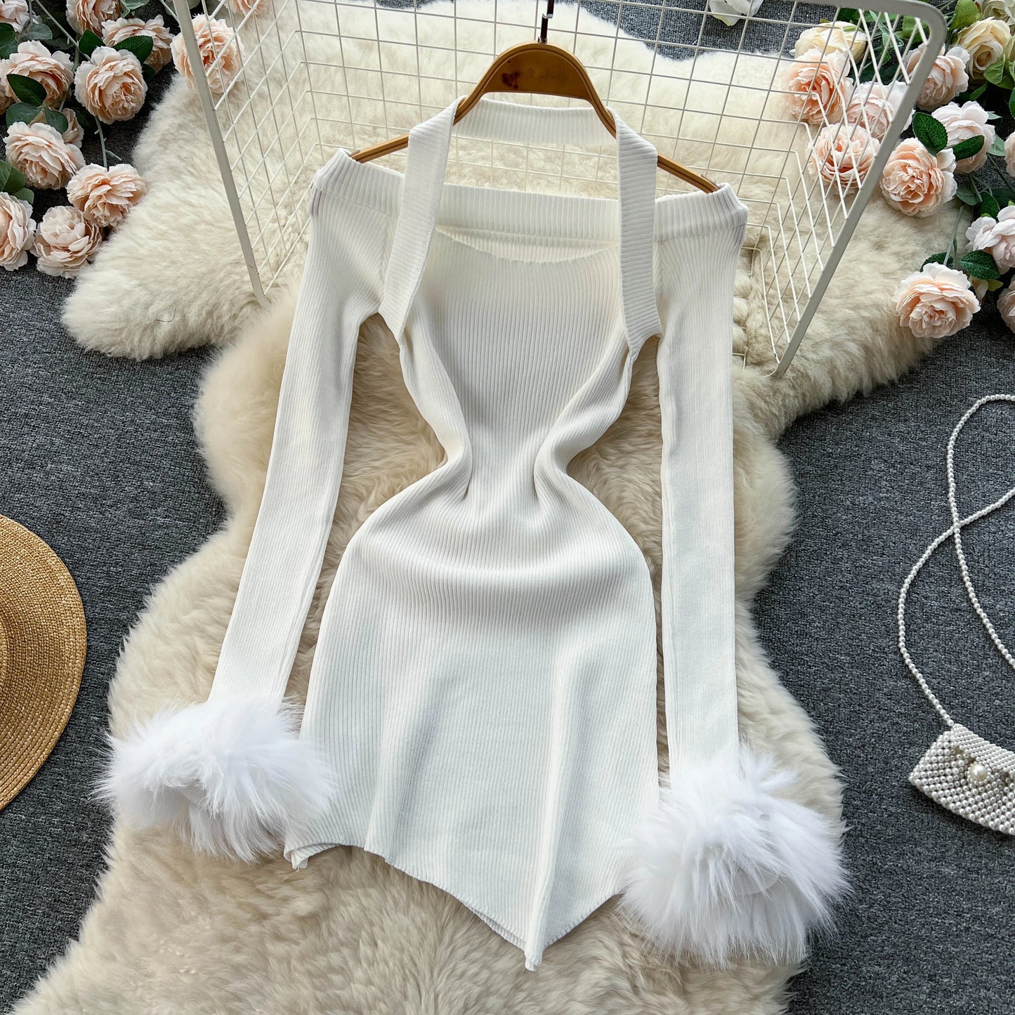 Chic Sexy Halter Bandage Irregular Bodycon Dress Fluffy Long Sleeve Knit Birthday Dress Autumn Winter Pencil Sweater Vestidos
