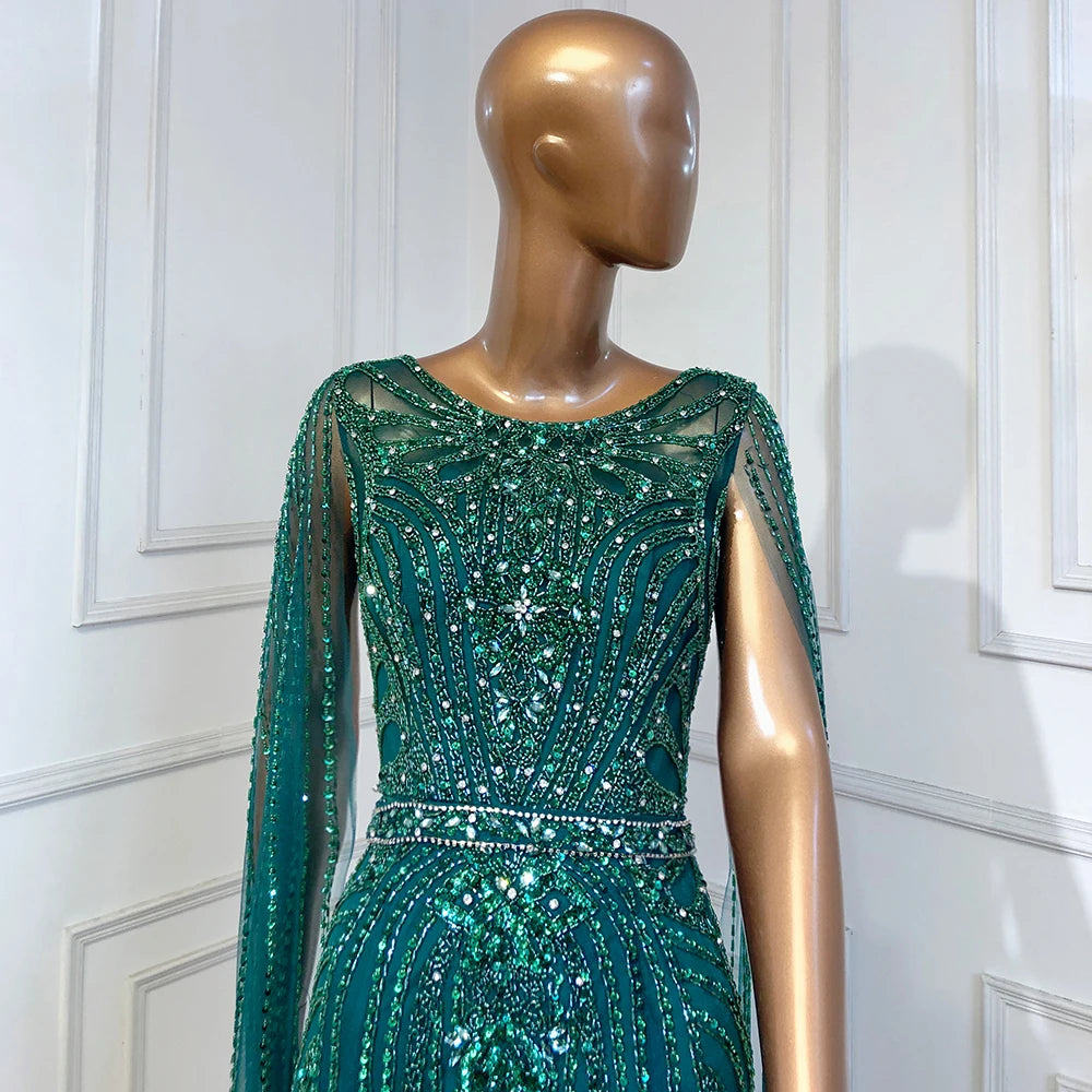 Serene Hill Brown Mermaid Elegant 2024 With Cape Sleeves Beaded Luxury Evening Dresses Gowns For Women Party LA70638