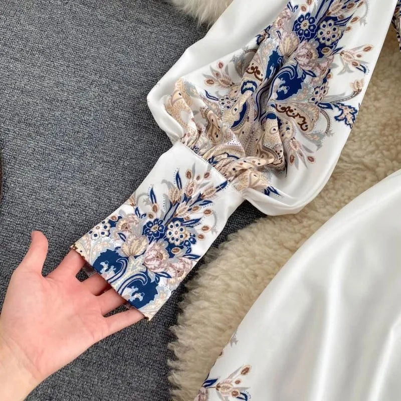 Lusumily New Arrival 2024 Vintage Dress Women Fashion Long Sleeve Flower Print Pleated Dresses Elegant Woman Midi Holiday Dress