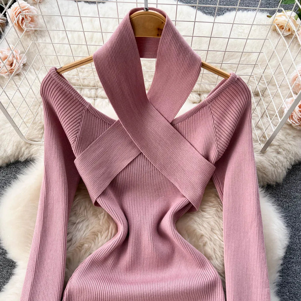 Chic Sexy Criss-cross Halter Elegant Pencil Dress Fashion Slim Knit Long Sleeve Birthday Party Vestidos Women Autumn Winter Robe